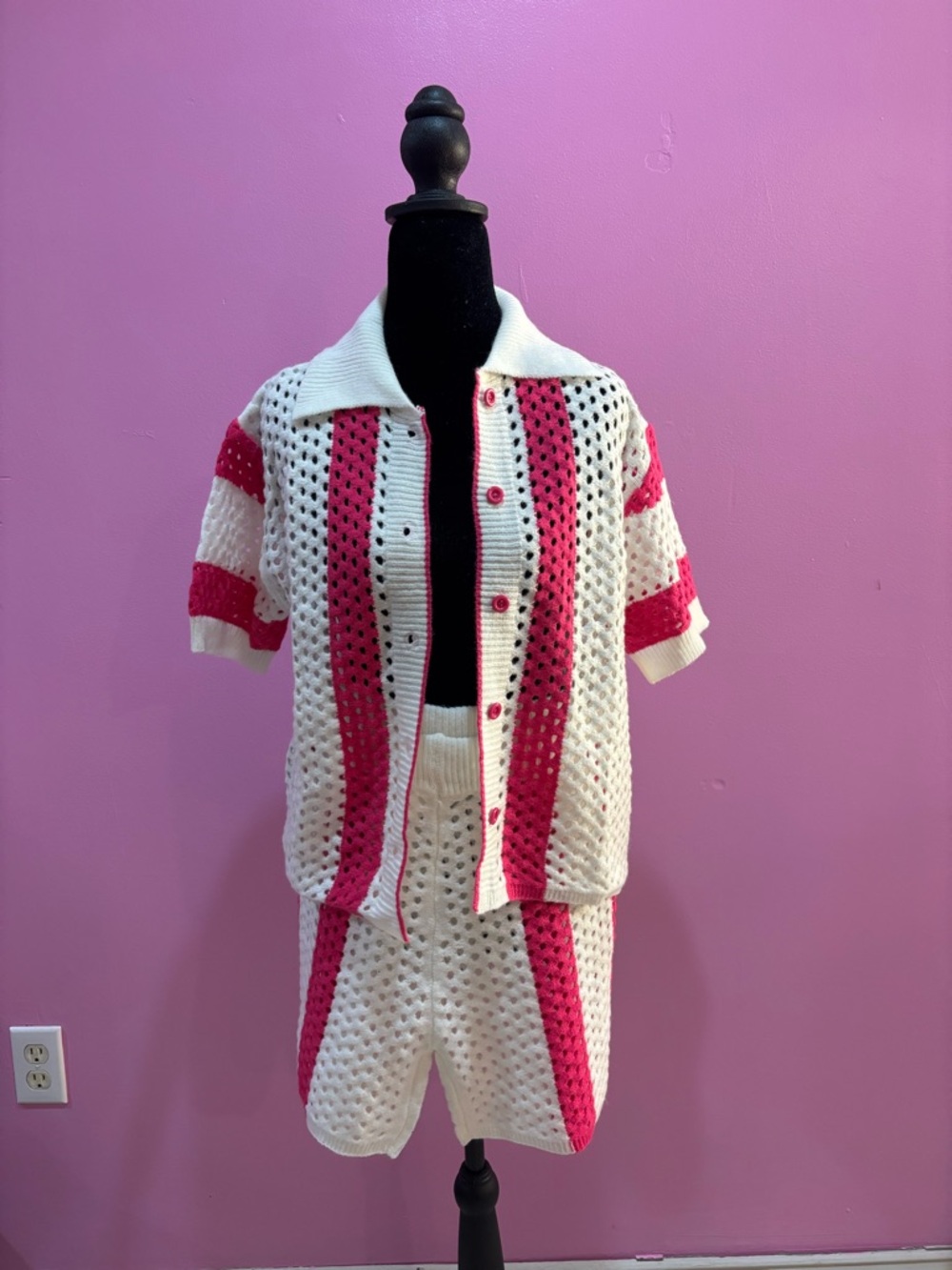 SHEIN White and Pink Crochet Shorts Set